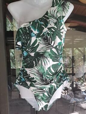 One-Shoulder Tropical Leaf One-Piece Swimsuit - Green